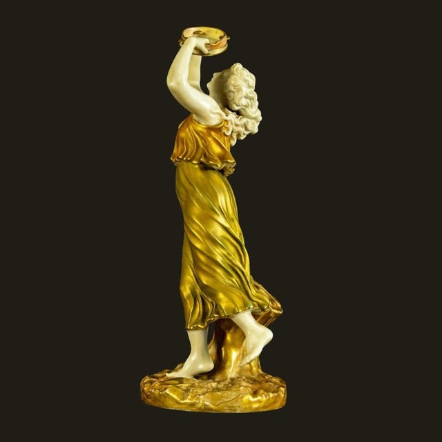 Gold Royal Worcester Porcelain Figure of Lady with Tambourine by James Hadley For Sale - Image 8 of 14