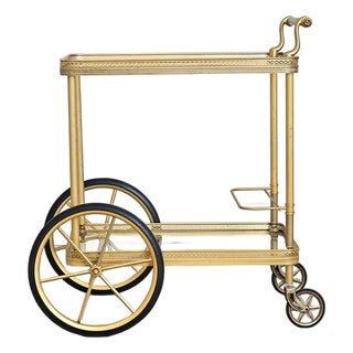 French Vintage Brass & Glass Trolley Serving Cart For Sale