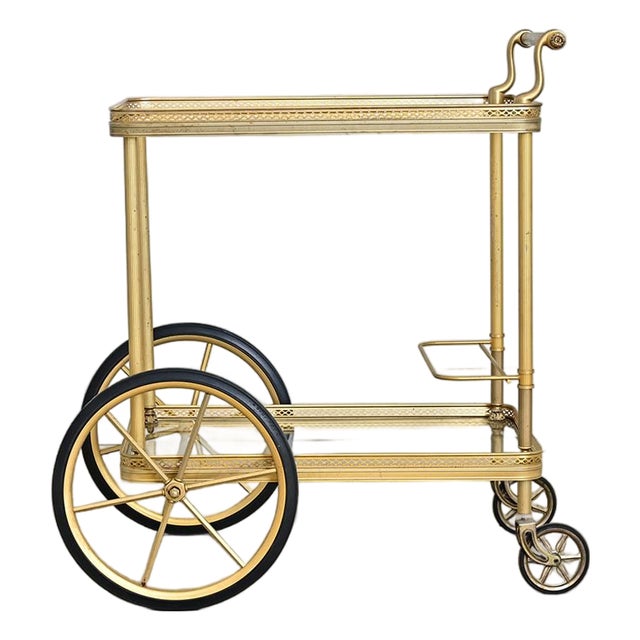 French Vintage Brass & Glass Trolley Serving Cart For Sale