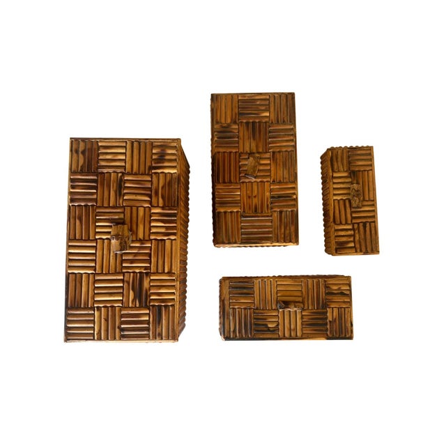 Hollywood Regency Vintage Bamboo Parquet Boxes With Bamboo Root Pulls, Graduated - Set of 4 For Sale - Image 3 of 13
