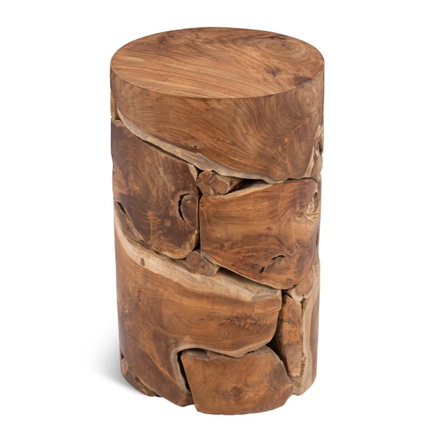 Organic modern design round drum side table crafted from freeform teak fragments pieced together harmoniously. Each table...