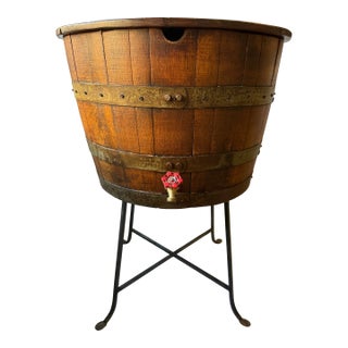 Vintage Bourbon Barrel Cooler With Spigot and Stand For Sale