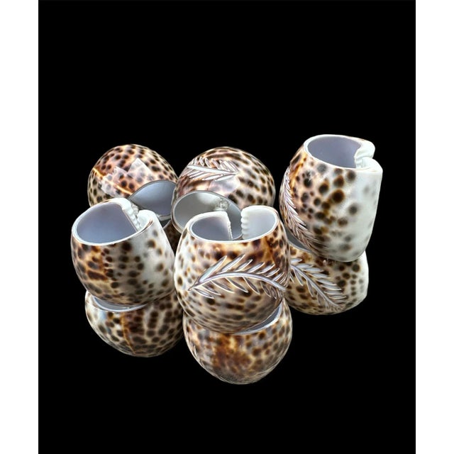 Set of 10 Tiger Cowrie Seashell Napkin Rings Engraved For Sale - Image 4 of 9
