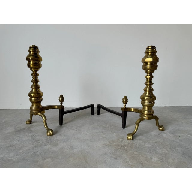 Pair of Vintage American Brass & Metal Andirons With Claw and Ball Feet For Sale - Image 11 of 12