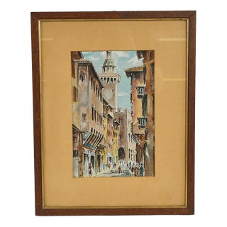 Giannino Lambertini, View with Tower, Watercolor For Sale