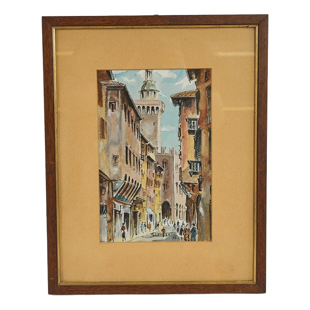 Giannino Lambertini, View with Tower, Watercolor For Sale