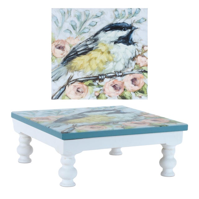 Modern Wooden Floral Bird Pedestal Tray (Set of 2) For Sale - Image 3 of 6