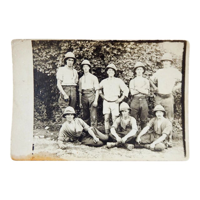 Real photo postcard dated looks like 1918 of group of British soldiers or expedition team. All in pith helmets, open...