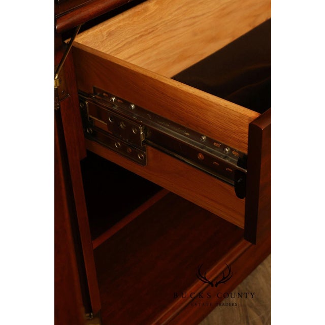 Karges English Style Mahogany Breakfront China Cabinet Display Bookcase with Carved Pediment and Silk Backing For Sale - Image 9 of 18