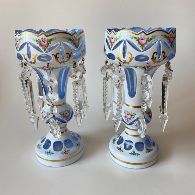 Glass Antique Moser Glass Lusters: Bohemian Glass, White Cut-to-Blue, Hand-Painted For Sale - Image 7 of 13
