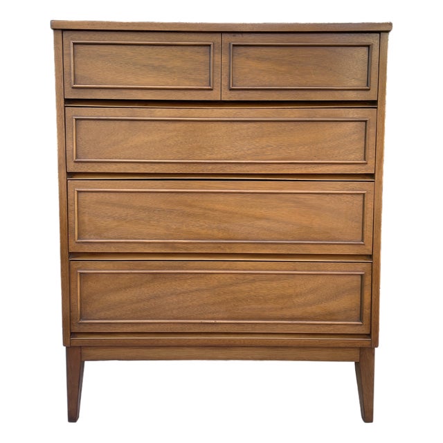 Vintage Dixie Furniture Co. Walnut 5-Drawer Highboy Chest, Mid-Century Modern For Sale
