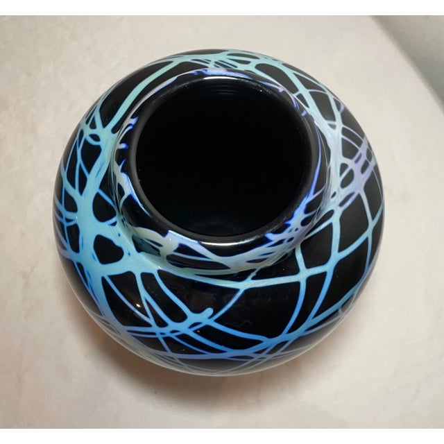 Large Vintage Hand Blown Signed Colin Stone 1985 Iridescent Opal Web Glass Vase For Sale - Image 9 of 10