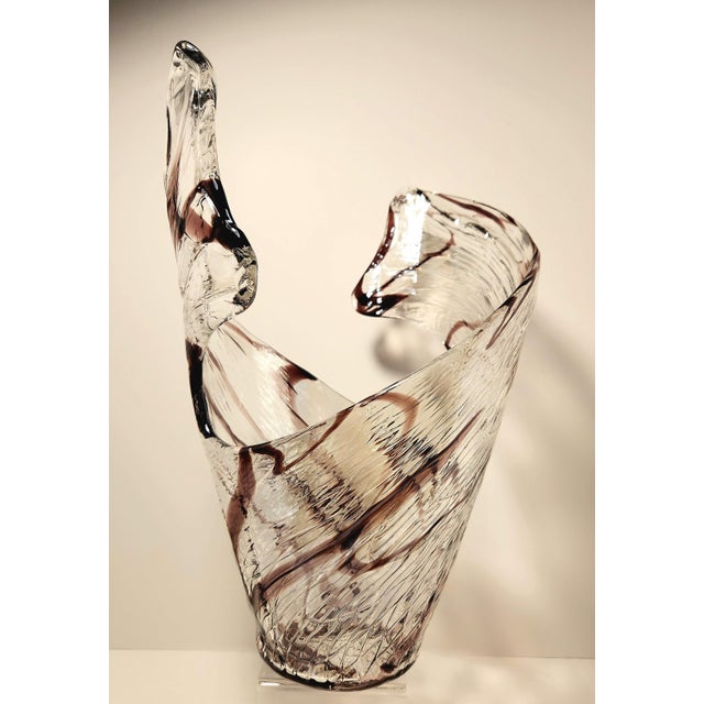Mid-Century Modern Vintage Murano Wave Vase | Oxblood Brown Ribbons, Mid-Century Italian Sculptural Glass Centerpiece For Sale - Image 3 of 12