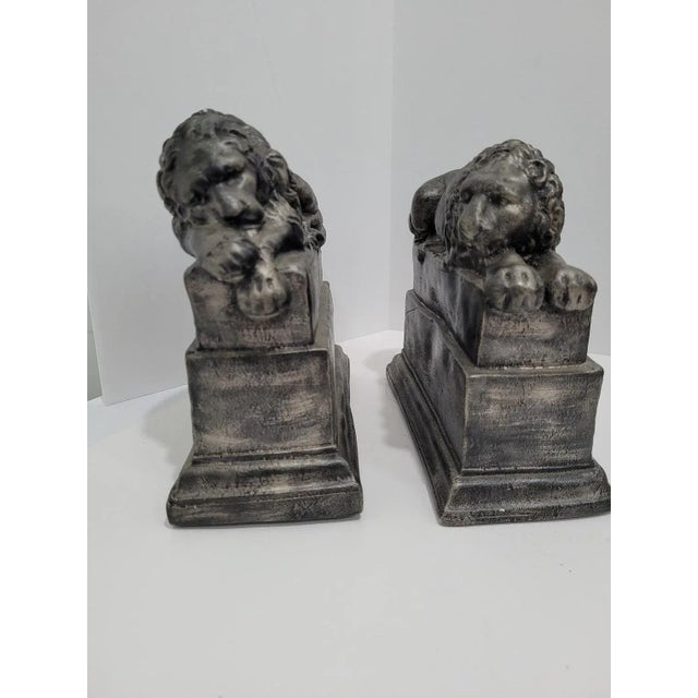 1970s Renaissance-Style Pewter Gray Plaster & Chalk Lion Bookends - a Pair For Sale - Image 11 of 11
