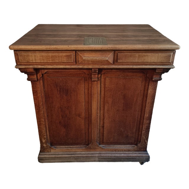 Antique French Oak Shop Counter Kitchen Island on Castors, 1880 For Sale