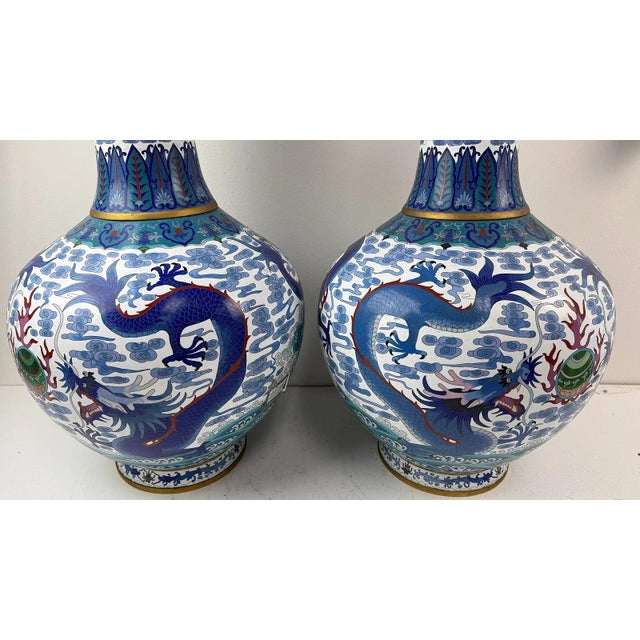Blue Monumental Pair of Chinese Cloisonne Enamel Blue and White Dragons Vases For Sale - Image 8 of 16