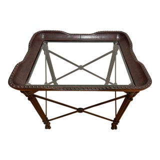Maitland Smith Leather, Bronzed Wrought-Iron and Glass Side Table For Sale