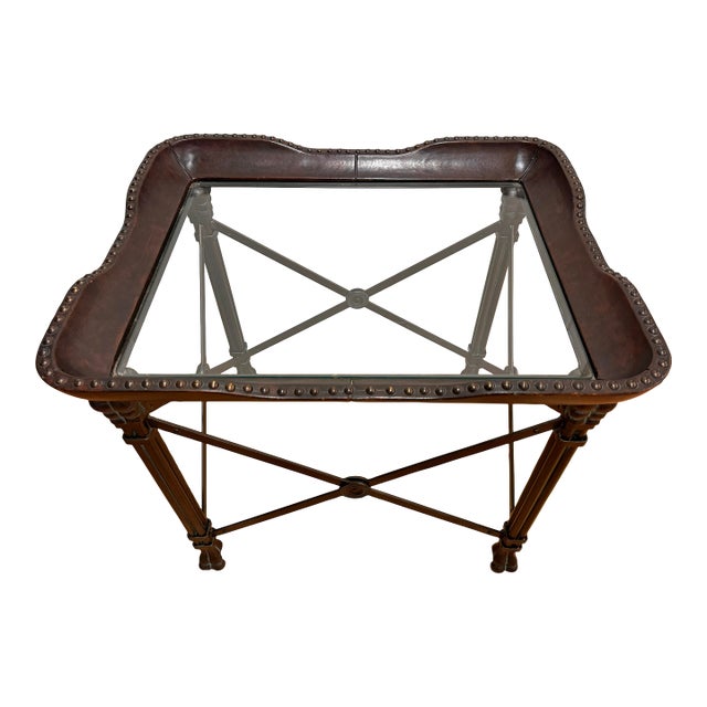 Maitland Smith Leather, Bronzed Wrought-Iron and Glass Side Table For Sale