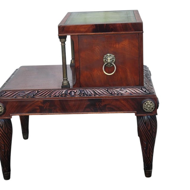 Wood 1920s Mahogany Leather Top Sofa End Table Brass Column Lion Pull Carved For Sale - Image 7 of 16