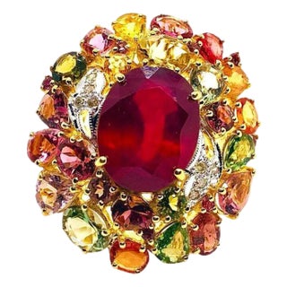 Bochic “Orient” Vintage Diamond, Ruby & Multi Sapphire Ring Set In 18K Gold & Silver For Sale