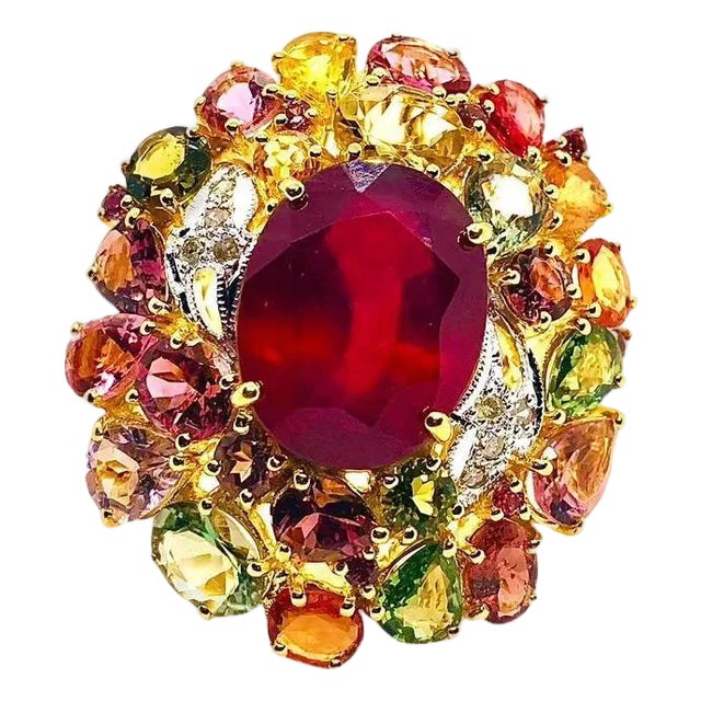 Bochic “Orient” Vintage Diamond, Ruby & Multi Sapphire Ring Set In 18K Gold & Silver For Sale