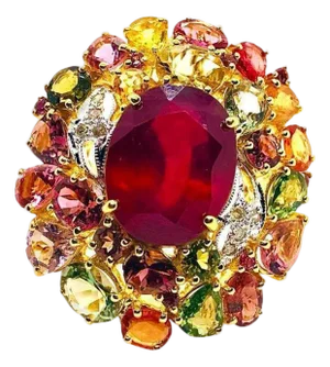 Bochic “Orient” Vintage Diamond, Ruby & Multi Sapphire Ring Set In 18K Gold & Silver
