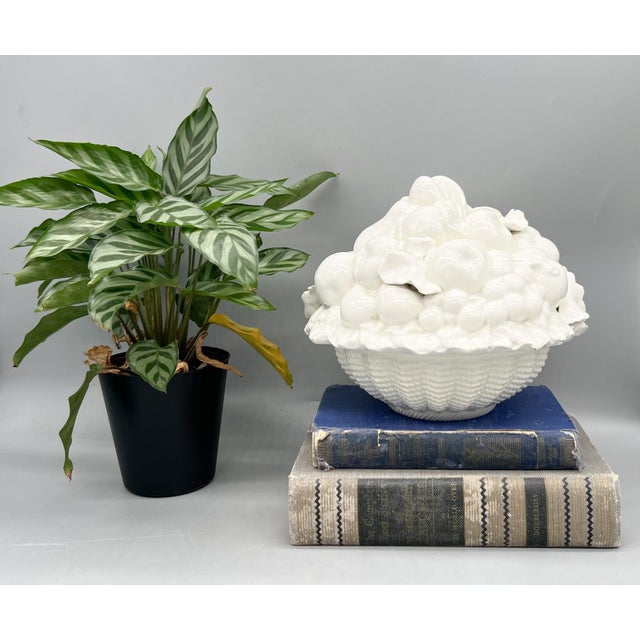 Exquisite large-scale Italian ceramic covered bowl featuring a beautifully sculpted mixed fruit and leaf motif. Finished...