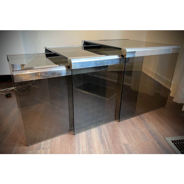 1970s Italian Chrome Nesting Coffee Tables With Smoked Glass Top- Pierangelo Gallotti - Set of 3 For Sale In Los Angeles - Image 6 of 10