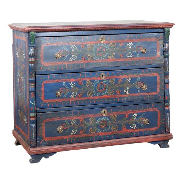 Late 19th Century Original Hand Painted Blue Blanket Chest of Three Drawers From Hungary For Sale