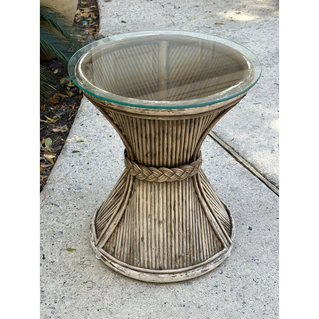 Wood Weathered Glass Top Fluted and Woven Bamboo Side Table For Sale - Image 7 of 11