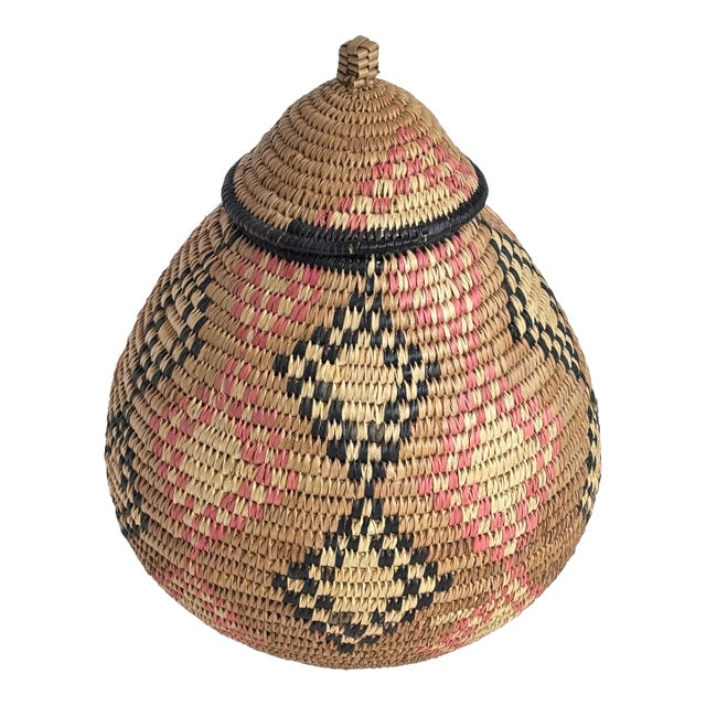 Mid 20th Century African Zulu Woven Basket With Lid For Sale