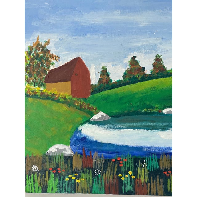1960s Impressive Bright Naive Folk Art Rural American Landscape Painting Signed For Sale - Image 4 of 5