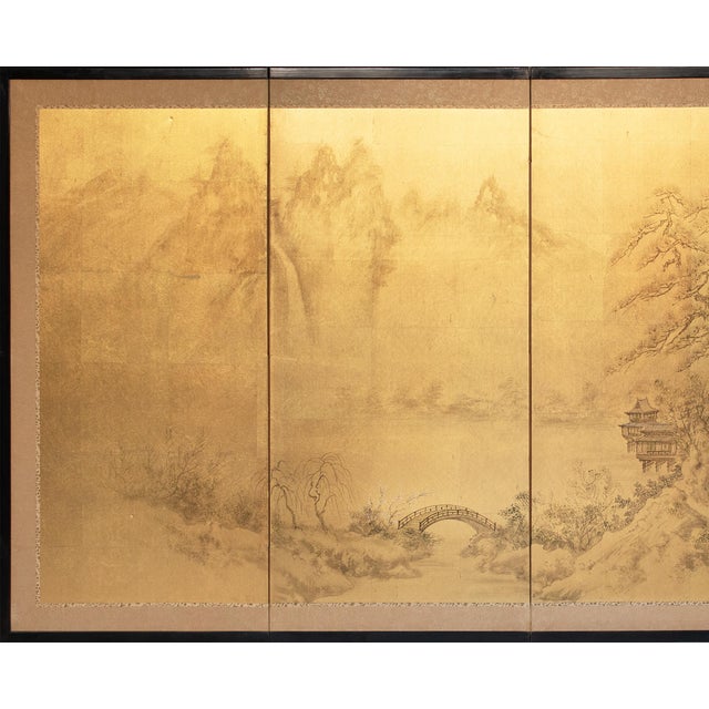 1960s 1960s Landscape With Bridge, Showa Era Japanese Painted Byobu Screen For Sale - Image 5 of 18