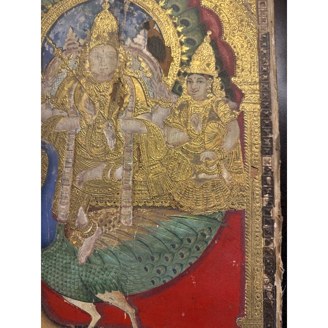 19th C Indian Thanjavur Tanjore Painting Gold Gilt Murugan on His Peacock Antique Multimedia Collage South India For Sale - Image 11 of 16