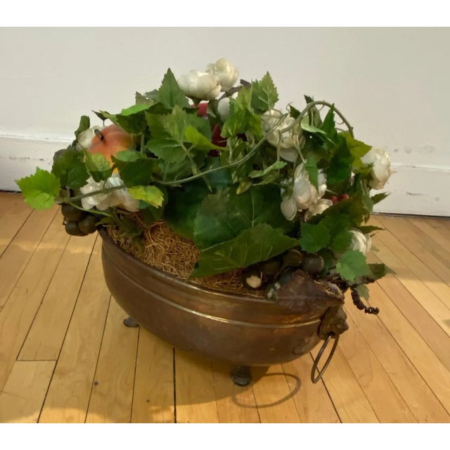 JSF Imports Vintage Showroom Sample Cachpot, Planter, Bowl, with included vintage bouquet Metal with Lions head and rings,...