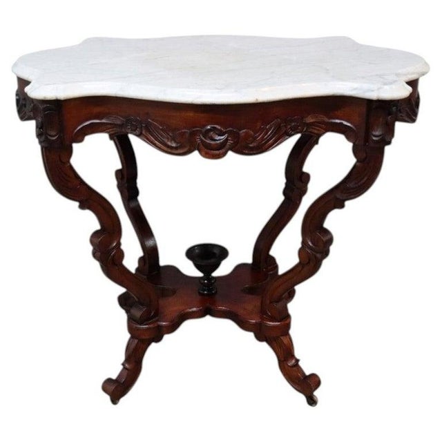 Oversized Antique Rococo Revival Floral Carved Walnut Marble Turtle Top Table For Sale - Image 4 of 10