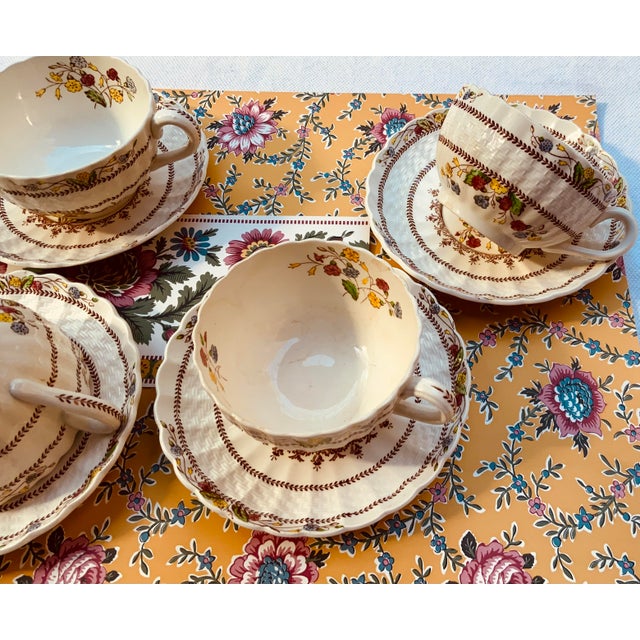1930s Spode Cowslip Basketweave Brown and Cream Ceramic Teacups and Saucers, Set of 4 For Sale - Image 4 of 18