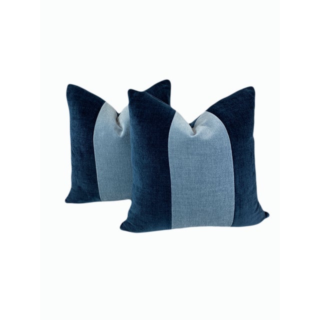Navy and Blue Color Block Velvet Throw Pillow For Sale - Image 4 of 9