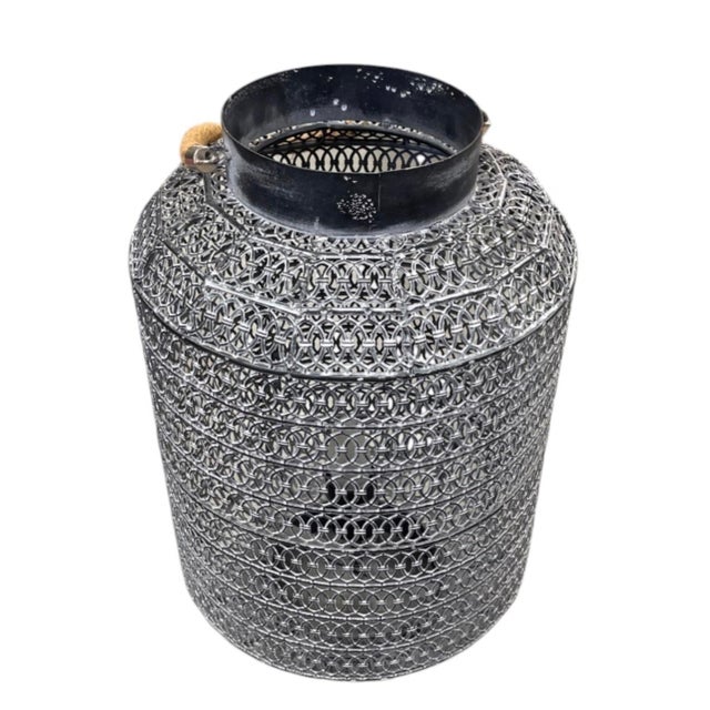 Vintage Industrial Mesh Lantern Table Lamp With Jute Rope Handle For Sale In West Palm - Image 6 of 12