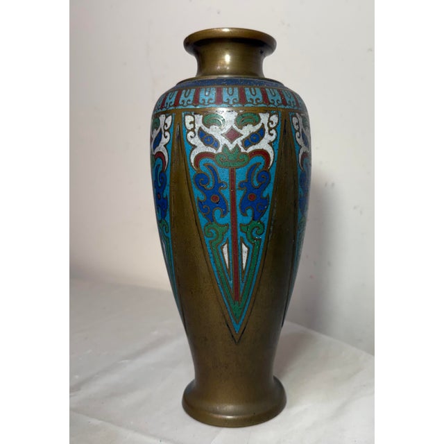 Metal Quality Antique Japanese Bronze Enamel Champleve Cloisonne Urn Asian Vase For Sale - Image 7 of 9