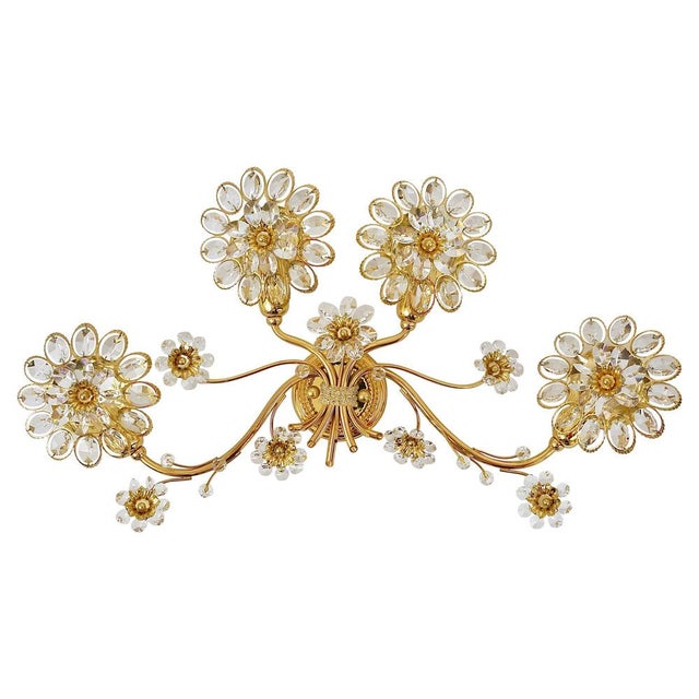 Large Gilt Brass & Crystals Flower Wall Light from Palwa, 1970s For Sale - Image 15 of 15
