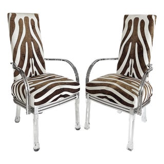 Vintage Lucite, Chrome Armchairs Upholstered in Zebra Cowhide, Pair For Sale