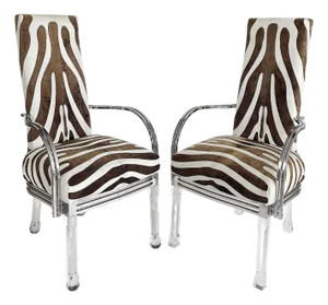 Vintage Lucite, Chrome Armchairs Upholstered in Zebra Cowhide, Pair