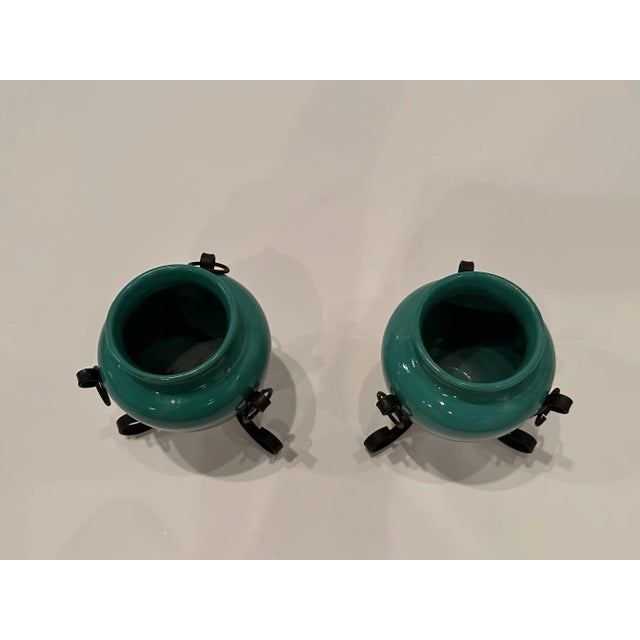 1930s Italian Pottery Vases in Hand Wrought Iron Frames -A Pair For Sale - Image 5 of 7