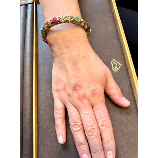 Natural Turquoise Emerald Ruby Sapphire pearl Bangle in 14 Kt Yellow Gold 41 Gm For Sale - Image 13 of 18