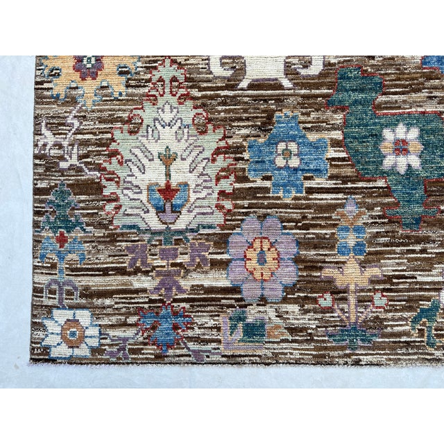 Textile Brown Oushak Wool Rug With Multicolor Floral Design For Sale - Image 7 of 9
