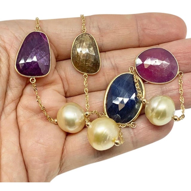 2010s South Sea Pearl Ruby Sapphire Necklace 14k Gold Certified For Sale - Image 5 of 8