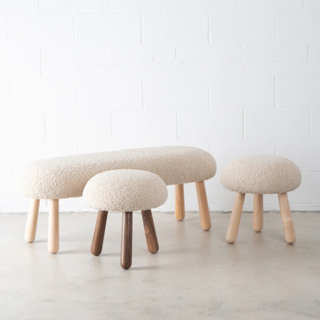 Wooly Ottoman in Natural Faux Lambswool & Walnut by Object Refinery For Sale - Image 9 of 9