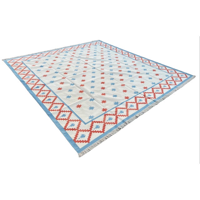 Mid-Century Modern Handmade Cotton Vegetable Dyed Rug, Star Geometric White, Sky Blue and Terracotta Dhurrie - 10'x14' For Sale - Image 3 of 12