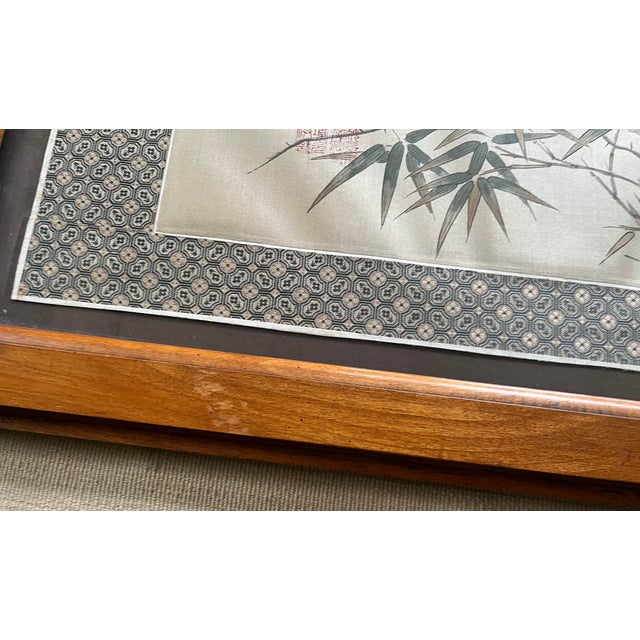 Tan Mid 20th Century Vintage Chinese Birds and Bamboo Painting on Silk, Framed For Sale - Image 8 of 9